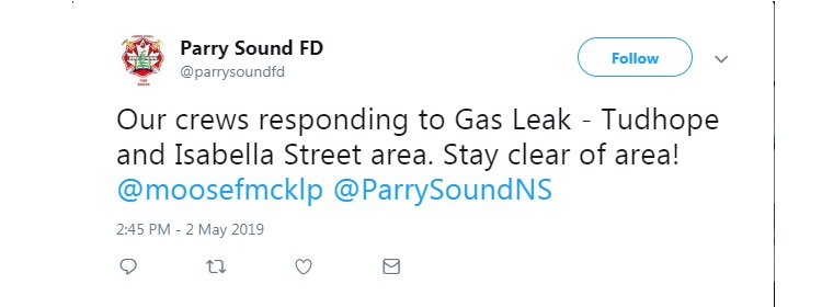 Parry Sound Fire department responding to gas leak